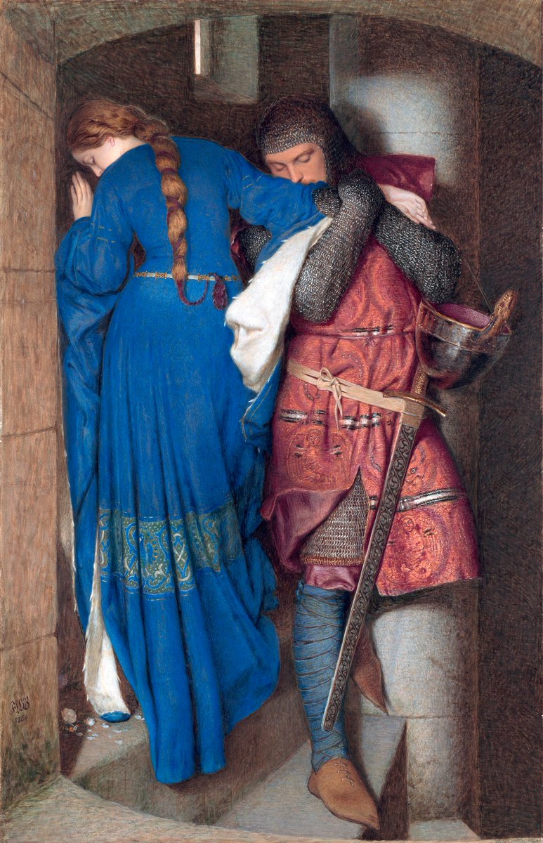 longvictorian2's tweet photo. The Meeting on the Turret Stairs [also known as Hellelil and Hildebrand] (1864) by Frederic William Burton (Irish artist, lived 1816-1900). The love story of Hellelil, who fell in love with her personal guard Hildebrand. "Ireland's favourite painting". #stpatricksday https://t.co/B28dR9X3kg
