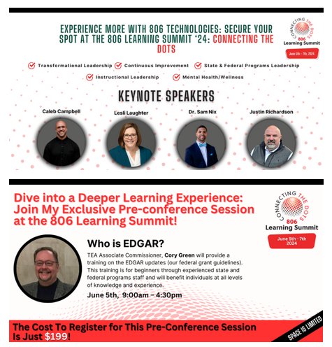mhailey12's tweet photo. Register a team from your district for the June 5-7, 2024 #806LearningSummit. 👉 https://t.co/VZvBMnm54H
Summit Tracks:
✅ Transformational Leadership
✅ Instructional Leadership
✅ Continuous Improvement
✅ Mental Health/Wellness
✅ State & Federal Programs Leadership https://t.co/Wl9j3mUGbl