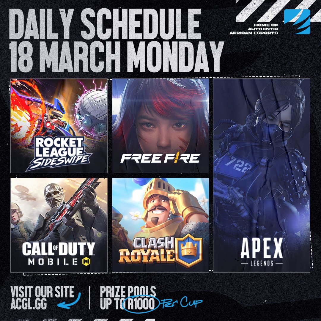 AfricanGaming's tweet photo. π
Monday night's online cups:
π‘ #ClashRoyale
π² #FreeFire
β½οΈ #RocketLeague #Sideswipe
π² #CODmobile
π
° οΈ#ApexLegends
π° Up to R1,000 cash per cup.
π Register for free via our site: https://t.co/2wjHldsWLj
#ClashZA #FreeFireZA #CODMZA #RLZA #AfricanEsports #esportsZA https://t.co/0rMUvy9HLK