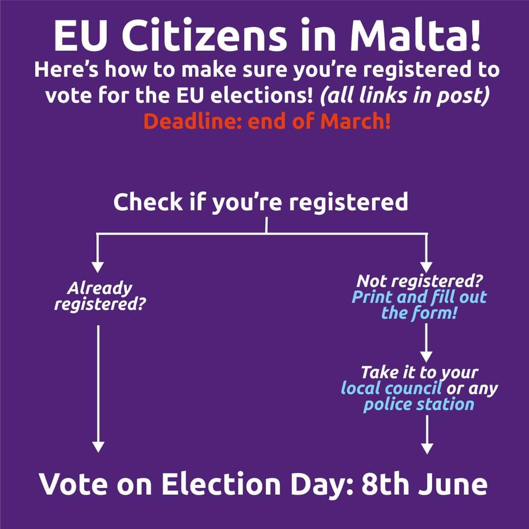 The EU Elections are coming up! 🗳️All EU citizens living in Malta are able to register to vote. Here's how ⤵️ Links to all the steps can be found here: linktr.ee/EU2024Malta