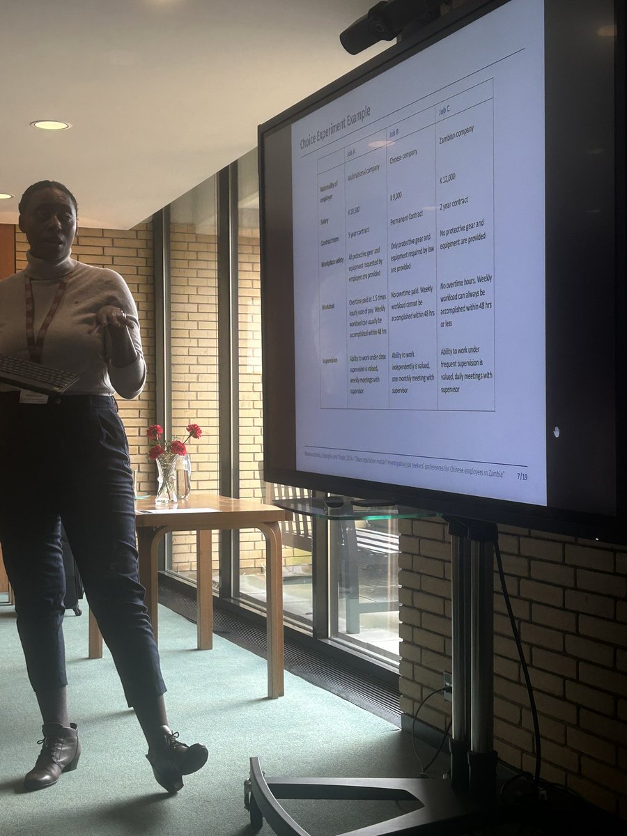 NEXT! Linda Maokomatanda discusses a choice experiment with Zambian jobseekers that reveals perceptions &amp; preferences over job attributes. They find strong preferences for Zambian &amp; multinational firms, consistent w reputational damage for Chinese firms
#OxCSAE2024 <a href="/Oxford_CSAE/">CSAE</a>