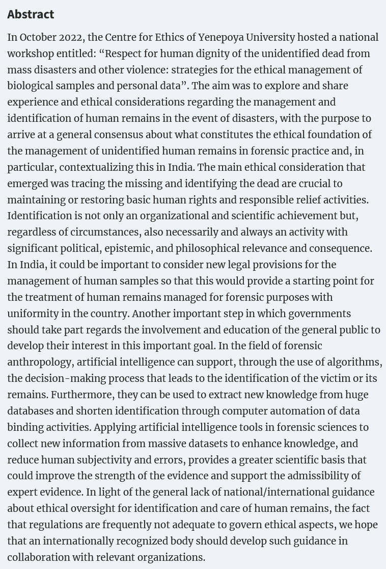ForSciRes's tweet photo. Rapid Communication owad048
Corpse identification in mass disasters and other violence: the ethical challenges of a humanitarian approach
by Vina Vaswani, Luciana Caenazzo and Derek Congram
https://t.co/TJNaY3YgTi
#massdisaster #forensics #DVI #ArtificialIntelligence
#FSR https://t.co/o6a61HNdk6