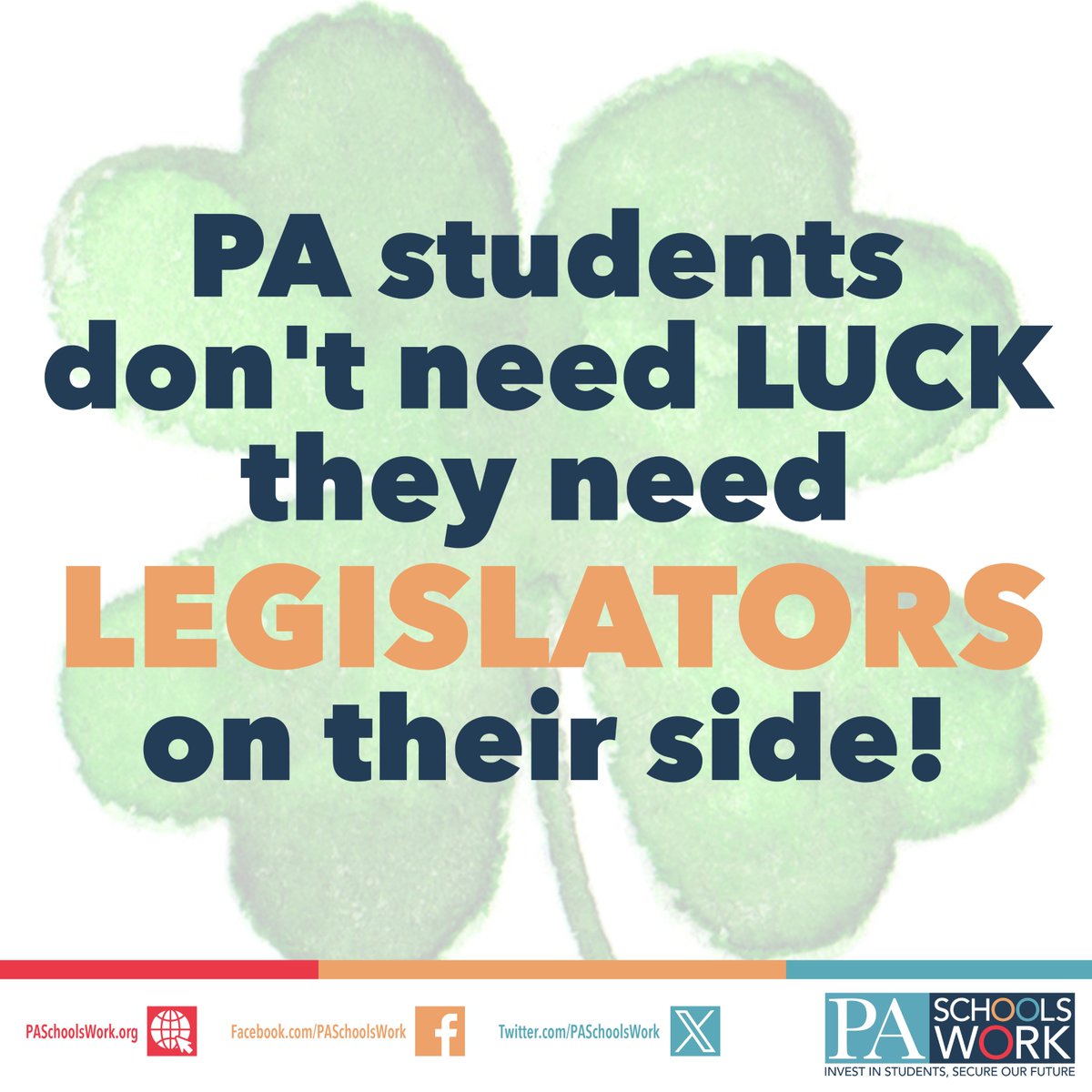 Luck shouldn't factor into a quality education. All students deserve an excellent education no matter their zip code, and it's up to our #PALegislators to ensure that happens. #WeWorkforFunding #PABudget #StPatricksDay #PASchoolsWork