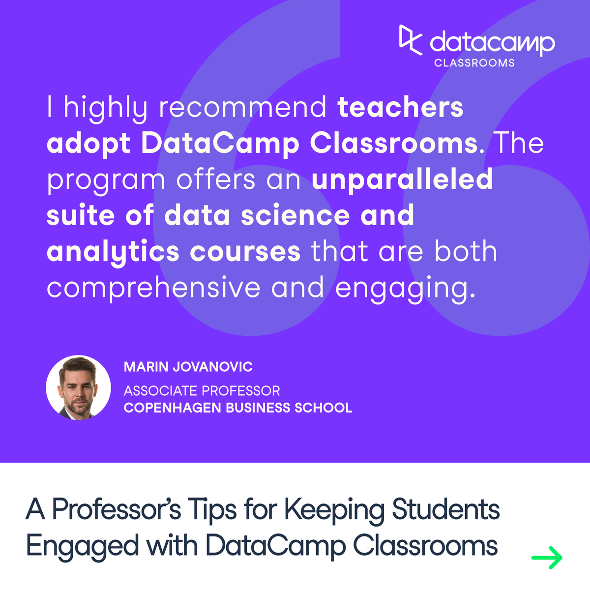 DataCamp's tweet photo. How #DCClassrooms partner @marinjovanovic, Associate Professor @CBScph, keeps his students engaged and drives real-world skill application.π
π» Spoiler:Β DataCamp Workspace features across both his lectures and practical application
The full story π https://t.co/RL3bR1jaNU https://t.co/s5431PZ4ao