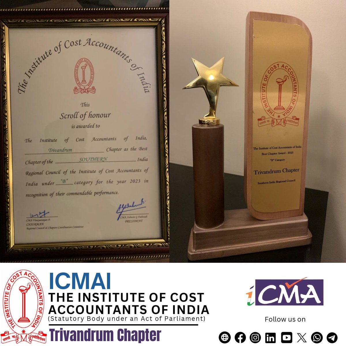 cma_tvm_chapter's tweet photo. 𝗕𝗲𝘀𝘁 𝗖𝗵𝗮𝗽𝘁𝗲𝗿 𝗶𝗻 𝗦𝗜𝗥𝗖 𝘂𝗻𝗱𝗲𝗿 '𝗕' 𝗖𝗮𝘁𝗲𝗴𝗼𝗿𝘆 𝗶𝗻 𝗡𝗮𝘁𝗶𝗼𝗻𝗮𝗹 𝗟𝗲𝘃𝗲𝗹🏆
CMA Vishnu M V Nair, Vice Chairman and CMA Pranav Jayan, Treasurer proudly received the award from CMA Aswin G Dalwadi, President of @ICMAICMA
#cma #icmai #bestchapter https://t.co/5ezeZd9hlC