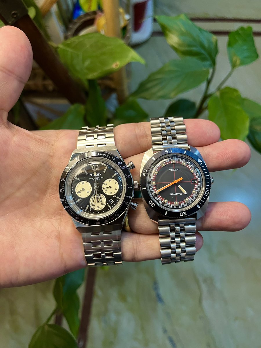 #WOTD TWO MASTERPIECE BY TIMEX INTERNATIONAL VERSIONS . Q TIMEX REVERSE PANDA CHRONOGRAPH AND TIMEX 1971 RALLY REISSUE