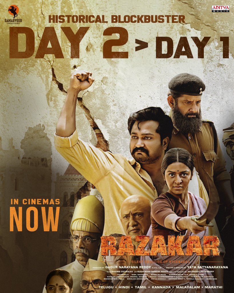 Congratulations to the entire team of #razakarmovie @yatasatya @Bheemsceciroleo @thammiraju_b @SamarveerCLLP @RKushendar @GudurNarayana Kudos to the team for bringing these events to life as seen on the silver screen! Thrilled, shocked&felt it was truly a worthy watch!