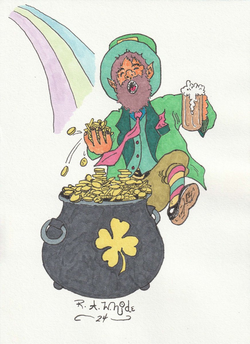 Happy St. Patrick's Day!! Slainte! FB: rawhideart IG: rawhide_art_4u #art #artwork #drawing #drawingsketch #sketch #illustration #illustrationart #cartoon #penandink #inkdrawing #stpatricksday #leprechaun #elf #legends #tradition #irish #irishart #irishdesign #goldinvesting