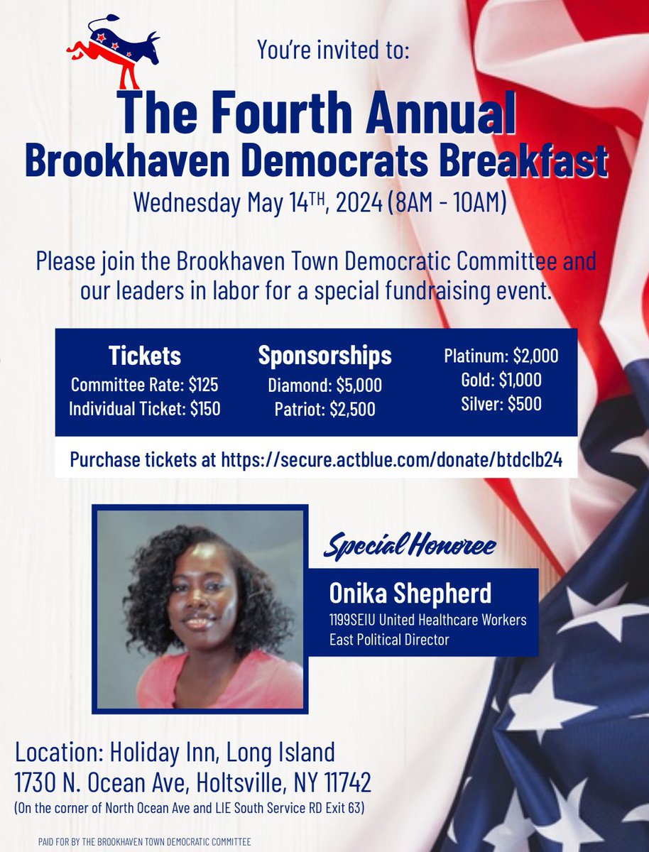 Please join the Brookhaven Town Democratic Committee and our leaders in labor for a special fundraising event. The Fourth Annual Brookhaven Democrats Breakfast Wednesday May 14TH, 2024(8AM - 10AM) Purchase tickets at secure.actblue.com/donate/btdclb24