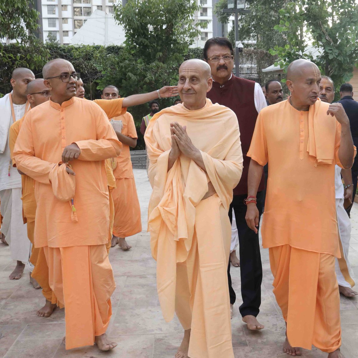 His Holiness Radhanath Swami attending the ISKCON Thane temple opening in loving memory of Sri Lalita Piramal, within the Piramal Vaikuntha temple complex.