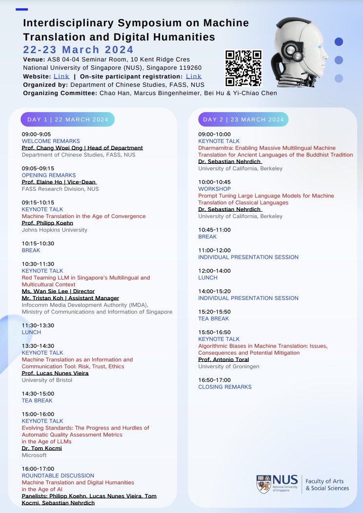 Excited to announce our upcoming Interdisciplinary Symposium on Machine Translation and Digital Humanities! Join us on 22-23 March, 2024, 9 am -5 pm (Singapore Time) @NUSingapore @FASSNews. Hybrid format available for selected sessions. Reigster via: forms.office.com/r/HnENkmvLFj
