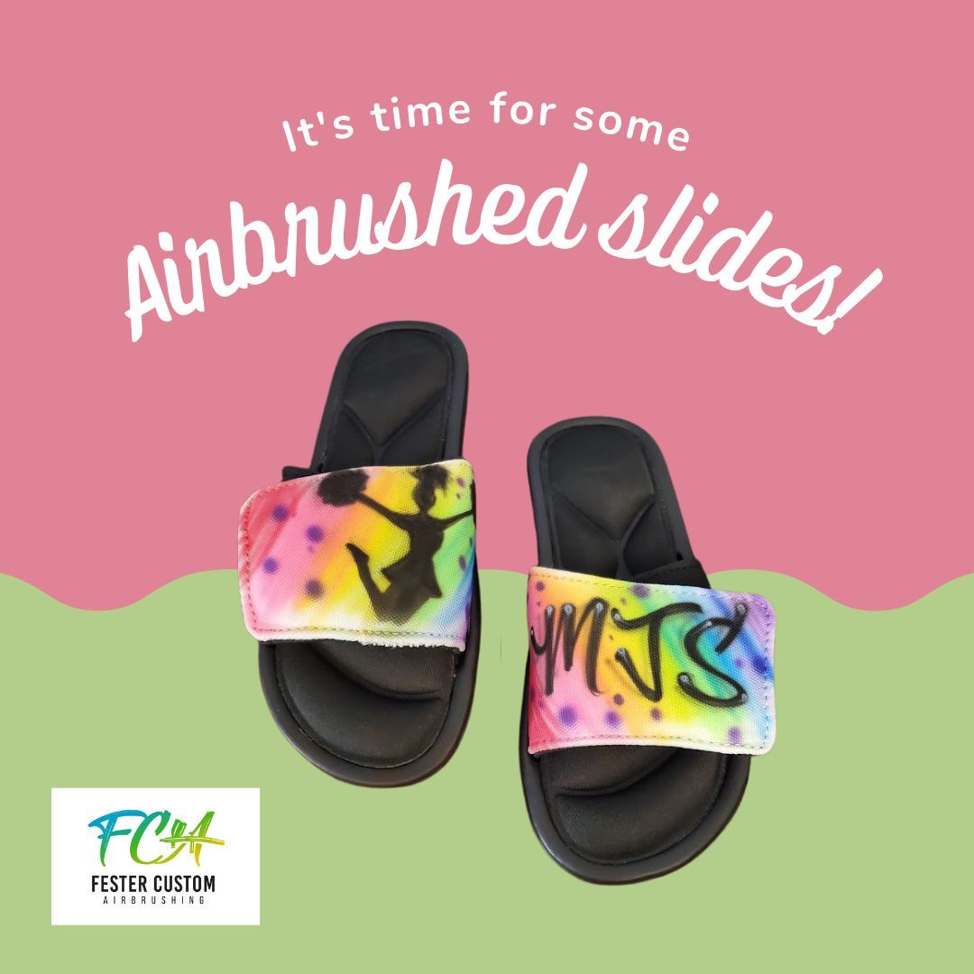 Make a statement with every step in our unique airbrushed slides! Soft inside and rubber bottoms make these super comfy! 

#custompartyfavors #livepartyentertainment #creativegifts #slidesandals #slides #customslides #comfysandals #festercustomairbrushing #airbrushart