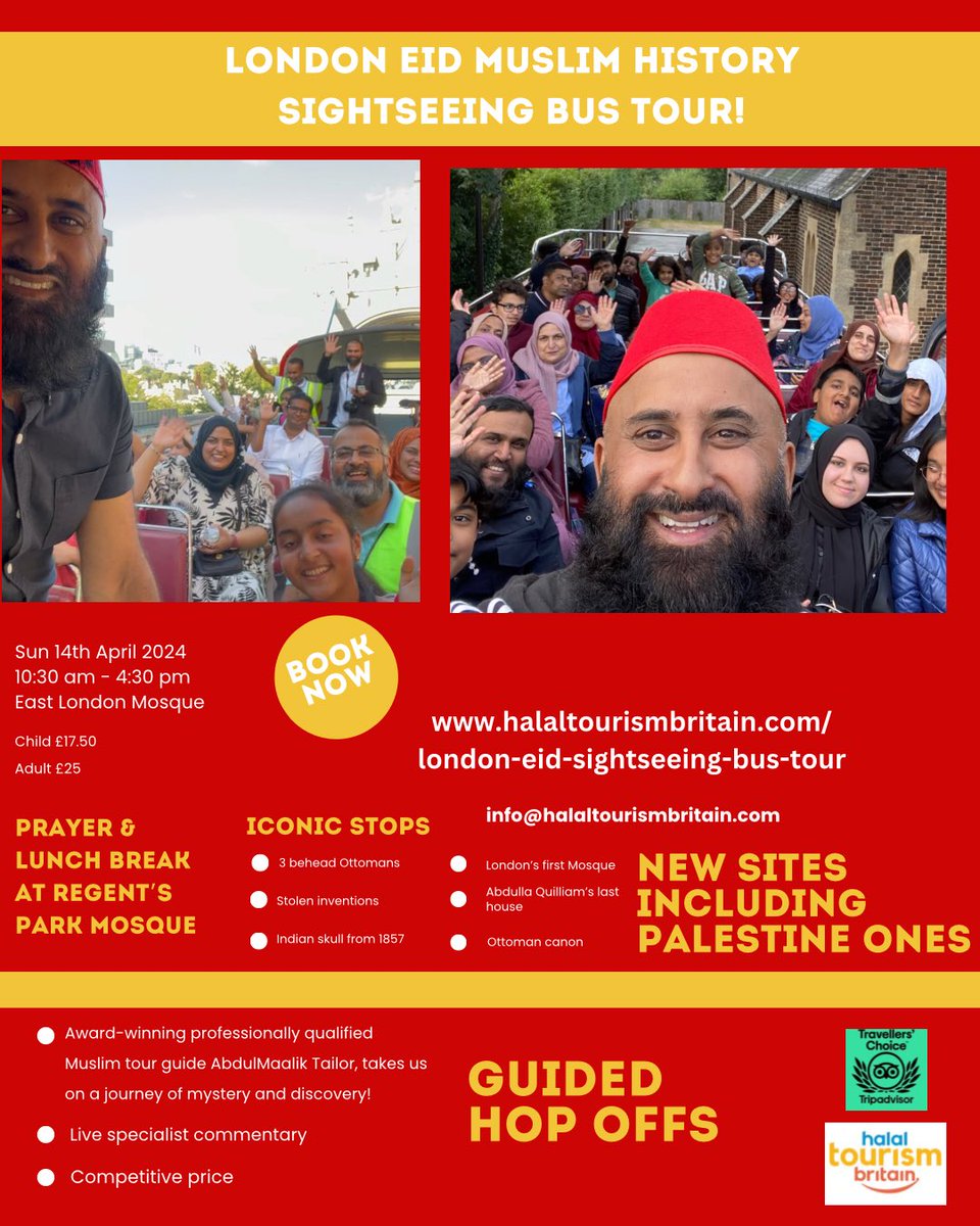 Book the London Muslim history sightseeing bus tour. Discover gems like Ottoman tales, Indian, Moroccan & Palestinian history & key players in UK & more. Guided by qualified Muslim tour guide AbdulMaalik Tailor, it promises a unique & enriching experience halaltourismbritain.com/bus-tours/lond…