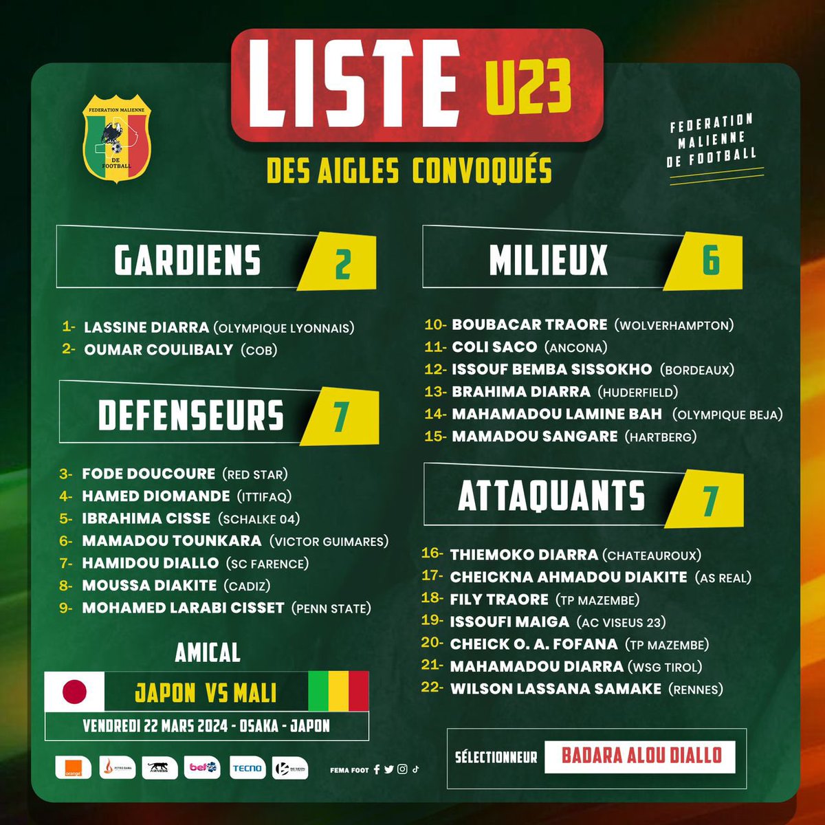 #Japon vs #Mali | Voici la liste des #Aigles U23 sélectionnés par le sélectionneur Aliou Badra Diallo « Konty ». Le Mali 🇲🇱 affrontera le Japon 🇯🇵 en amical le vendredi 22 Mars prochain à #Osaka (Japon).