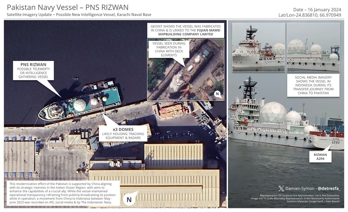 🚢🔍 Espionage Alert!

Pakistani Navy ship PNS Rizwan spotted on inward journey from China, raising concerns of intelligence gathering in Arabian Sea. Analysts suggest espionage motives citing vessel's advanced features. 🛰️🕵️‍♂️ #PNSRizwan #NavalIntelligence