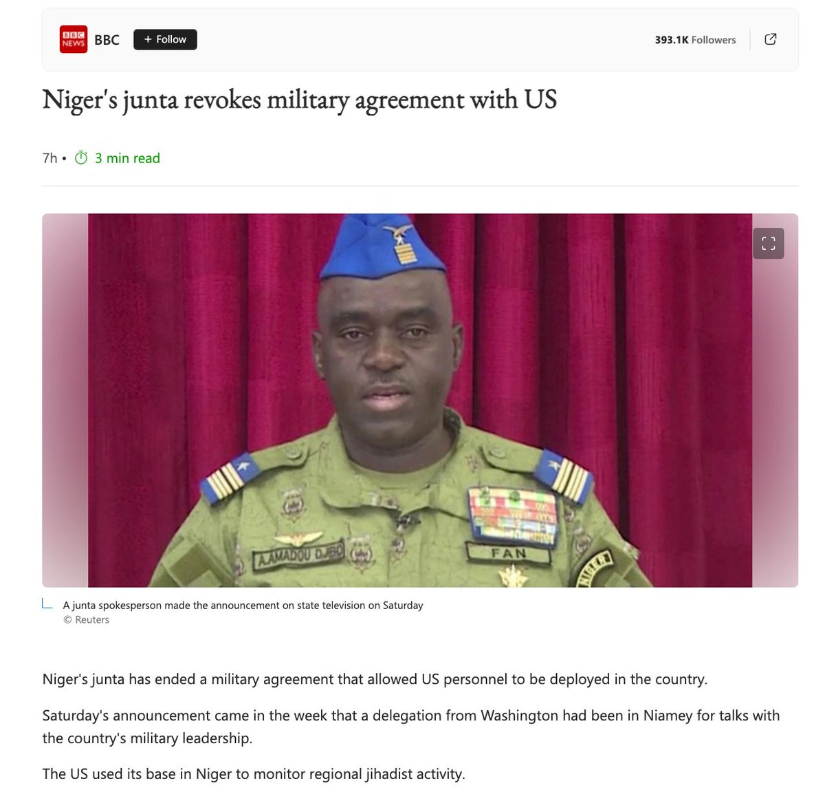 IUTruthtellers2's tweet photo. Meanwhile, the African Nation of Niger told the US Military and @JoeBiden's Administration to GTFO, leave the $100M Drone Base and exit stage left ASAP.
But, for some damn reason, everyone is talking about #Bloodbaths. 🙄😒🤨🧐👇🏽 https://t.co/hkfOGGyFU4