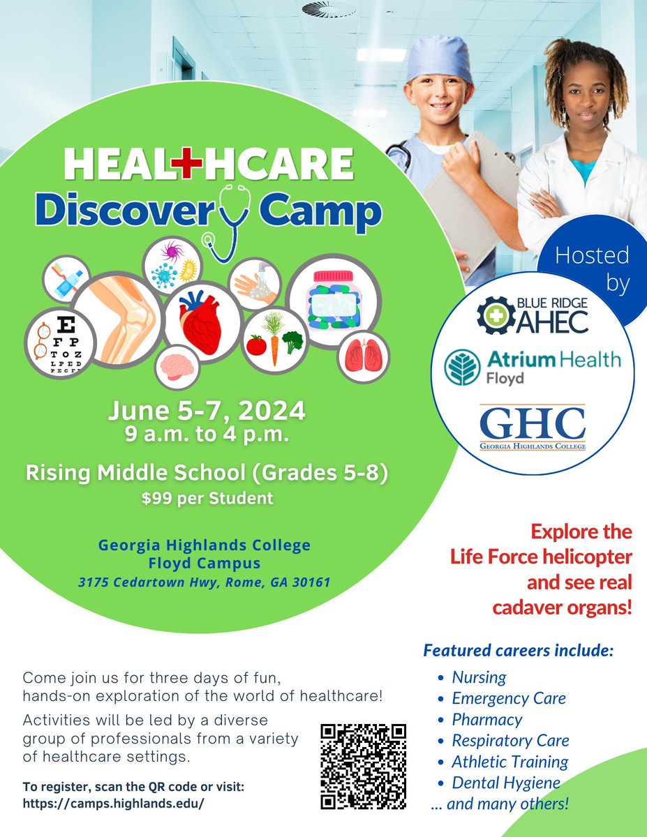 BlueRidgeAHEC's tweet photo. Middle School Students!  Come join us for three days of fun, hands-on exploration of the world of healthcare! 

Careers include:  Nursing, Emergency Care, Pharmacy, Athletic Training, Dental Hygiene  ... and others! 

Scan the QR code or visit https://t.co/z1Lc3Zflq3 to register https://t.co/Kys4v7h3WM