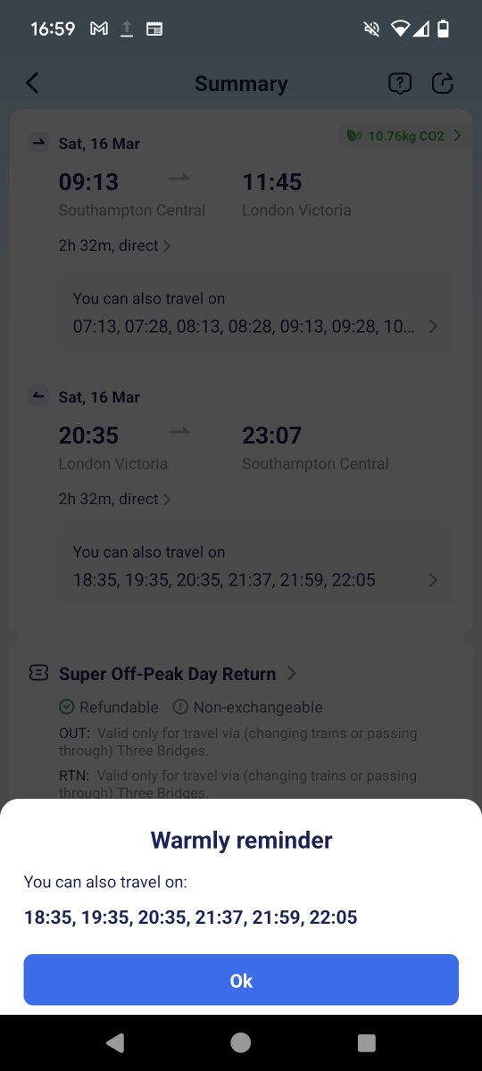 shuvlove's tweet photo. Hi, @trainpal_go. You sold me return tickets with the pictured advise on what services I could travel on. One problem though, when I arrived at Victoria station to get the 21:37, there was no way for me use the route you sold me to get home (confirmed with the ticket office) https://t.co/KQmpHX8jda