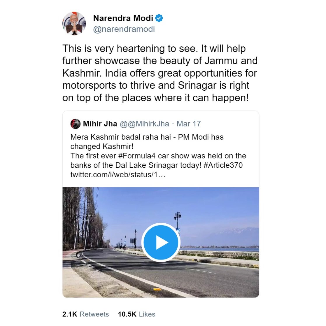 DesiRacingco's tweet photo. 🇮🇳 Prime Minister Narendra Modi reshares the excitement about the Formula^ Srinagar Showrum Event with some positive words about motorsports in India.

#Motorsports #Formula4 #IndianRacingLeague #FormulaSrinagar #IndianF4 https://t.co/uurz1XG8WW