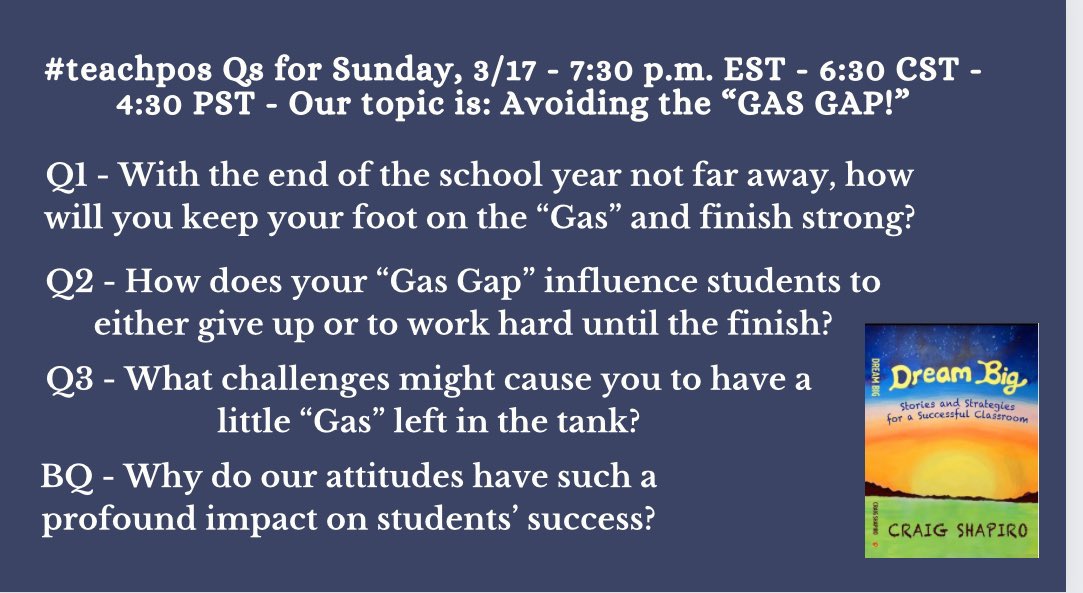 #teachpos Qs Times and Topic - Avoiding the Gas Gap - hope you can join our amazing group. @ChristineBemis2 @raspberryberet3 @ChrisQuinn64 @DrCSJones @TeachingChannel @CheyandPav @champforkids @Rdene915 @RitaWirtz @sarahdateechur @Scandela9 @Toups_J @Mathemagician4U @redefineED