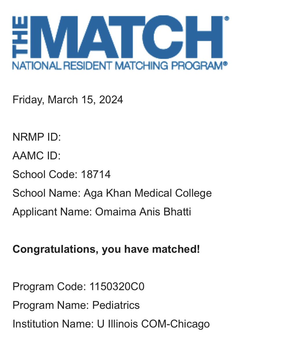 Excited to announce that I’ll be joining <a href="/UIHealth/">UI Health</a> for pediatrics residency!

I couldn’t have reached here without the constant support of my family, friends, alumni and mentors at <a href="/AKUGlobal/">Aga Khan University</a> 

Can’t wait to meet my co-residents and make Chicago my home.

#Matched2024 #Pediatrics