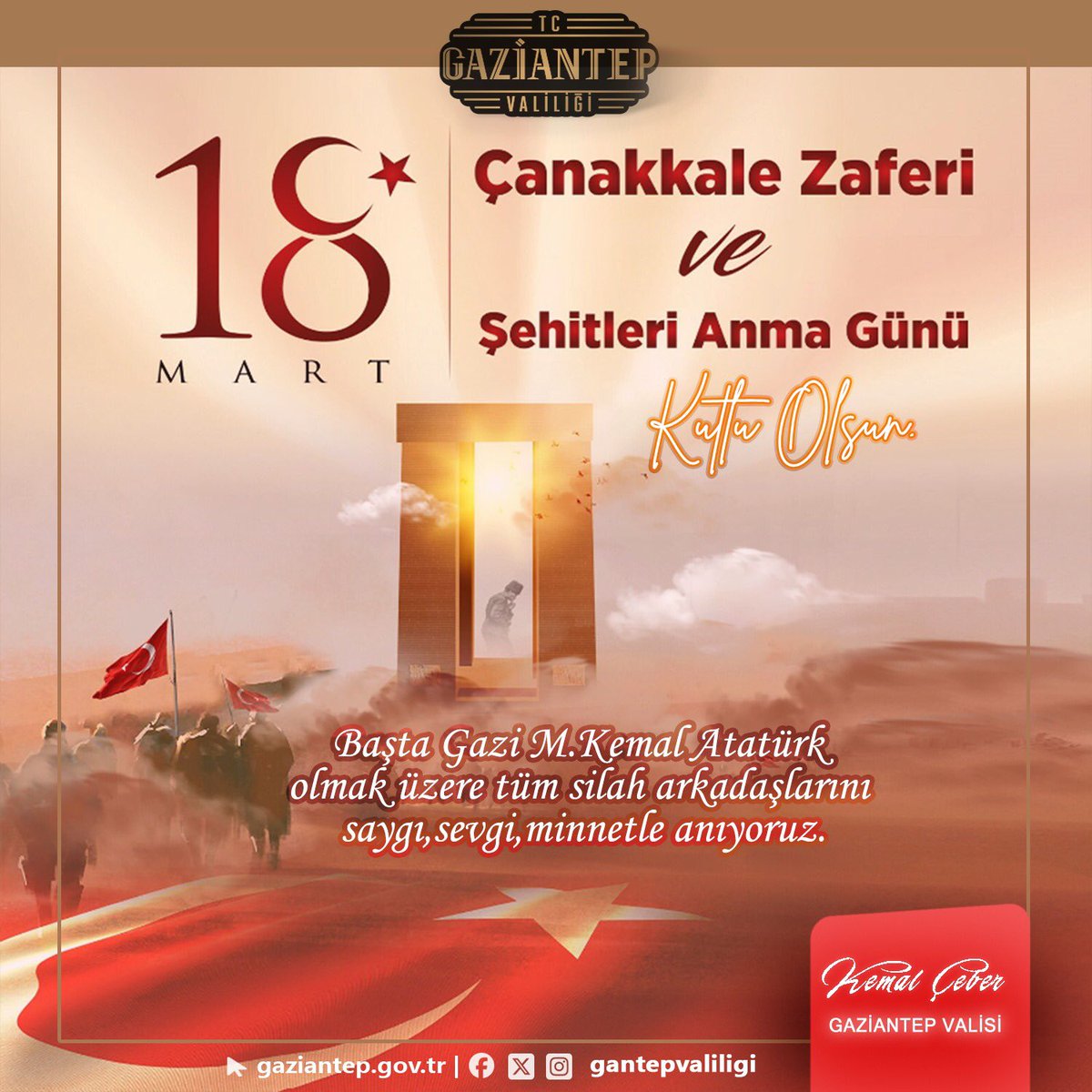 gantepvaliligi's tweet photo. 18 Mart Çanakkale Deniz Zaferimiz kutlu olsun.

Başta Gazi Mustafa Kemal Atatürk olmak üzere bu toprakları bize yurt kılan ve bu uğurda canından geçen tüm kahramanlarımızı saygı, sevgi, minnet ve rahmetle anıyoruz.

#18MartÇanakkaleZaferi 
@kemalcebervali https://t.co/7H8Jb6thx1