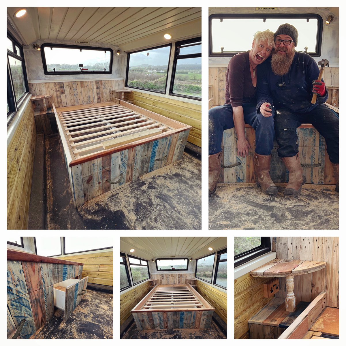 RedLedRoll's tweet photo. Makin’ the bed took a bit longer than expected. Several pallets, a bit of a cable reel, a pair of table legs out of a skip, some rope and we’ve made a bed that looks like it’s for a pirate!? We did salvage all the stuff by the seaside I s’pose #busconversion #palletfurniture #diy https://t.co/lKZGBtx8hW