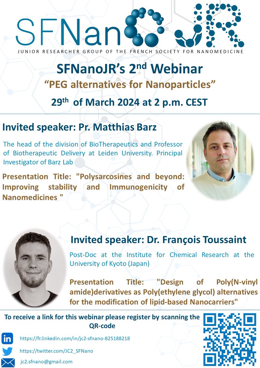 📢 Save the date !! Join us for an enlightening webinar on PEG alternatives for Nanoparticles! 🗓️ Date: 29th of March 2024 🕒 Time: 2:00 CEST 🔗 Register here: forms.gle/aWrZUdB8z9rnyj…