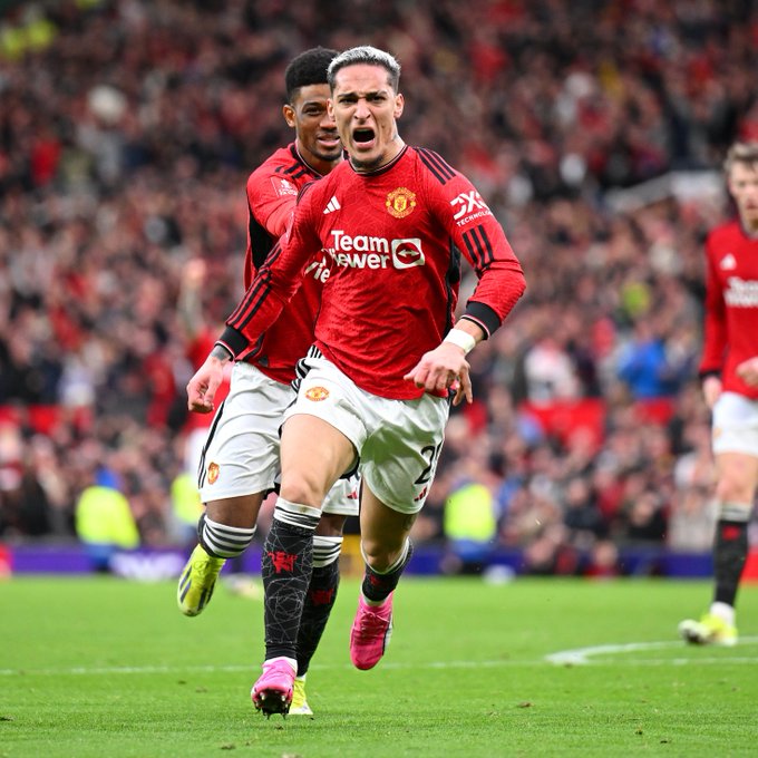 An image of Antony celebrating scoring for Manchester United