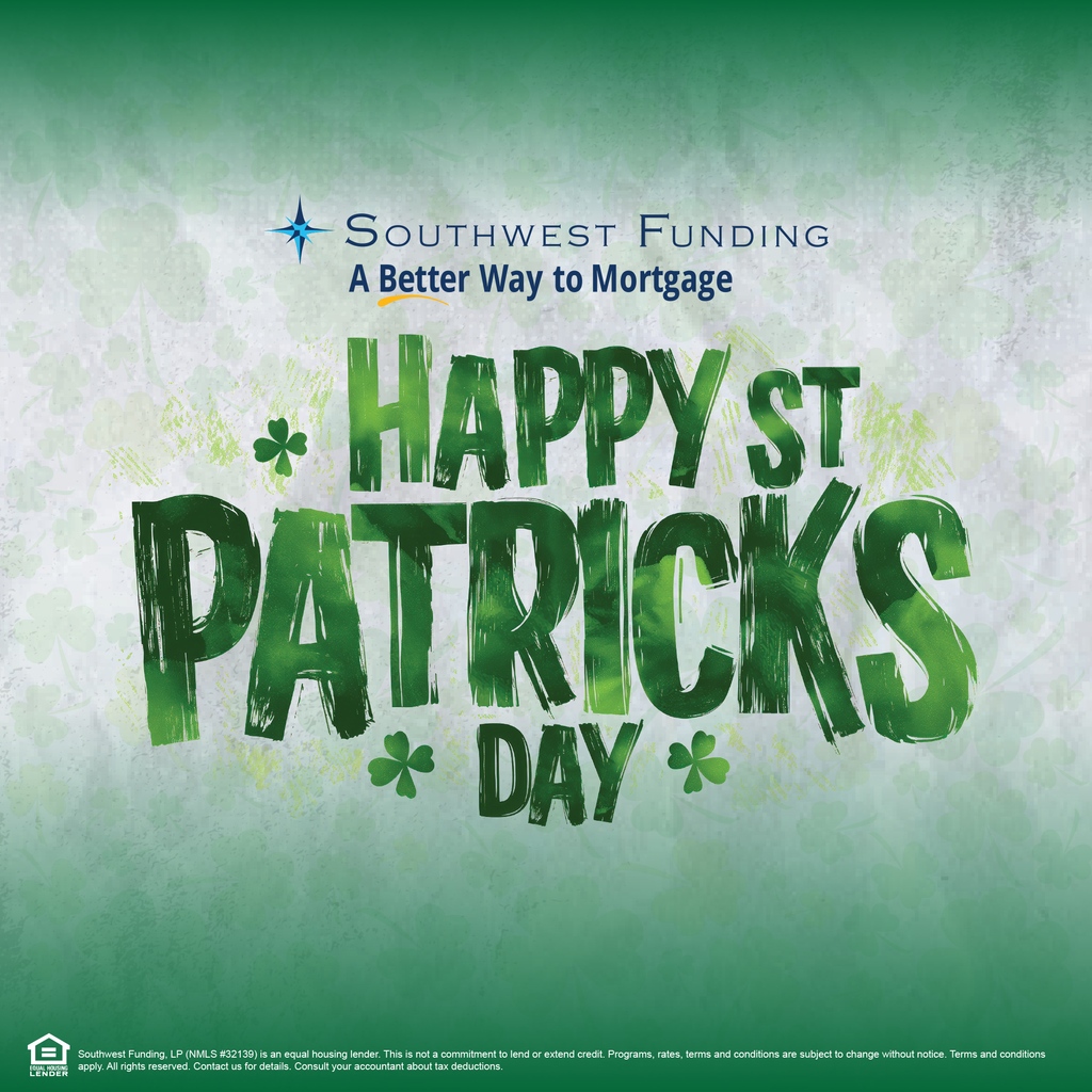 Wishing you a pot of gold and a home full of luck this St. Patrick's Day! 🌈🍀 Let Southwest Funding guide you to your dream home today. 🏡✨ 
.
.
.
#StPatricksDay #DreamHome #swfunding #greatplacetowork #southwestfunding #abetterwaytomortgage