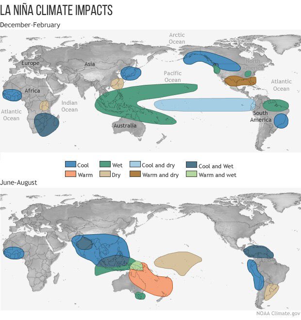 rghelani's tweet photo. There is now a 62% chance that La Niña will arrive by June-August, according to @NOAAClimate. 

It could bring floods in West Africa and South-East Asia, droughts in Eastern Africa and a stronger Atlantic hurricane season. https://t.co/U9CXoCV60R
