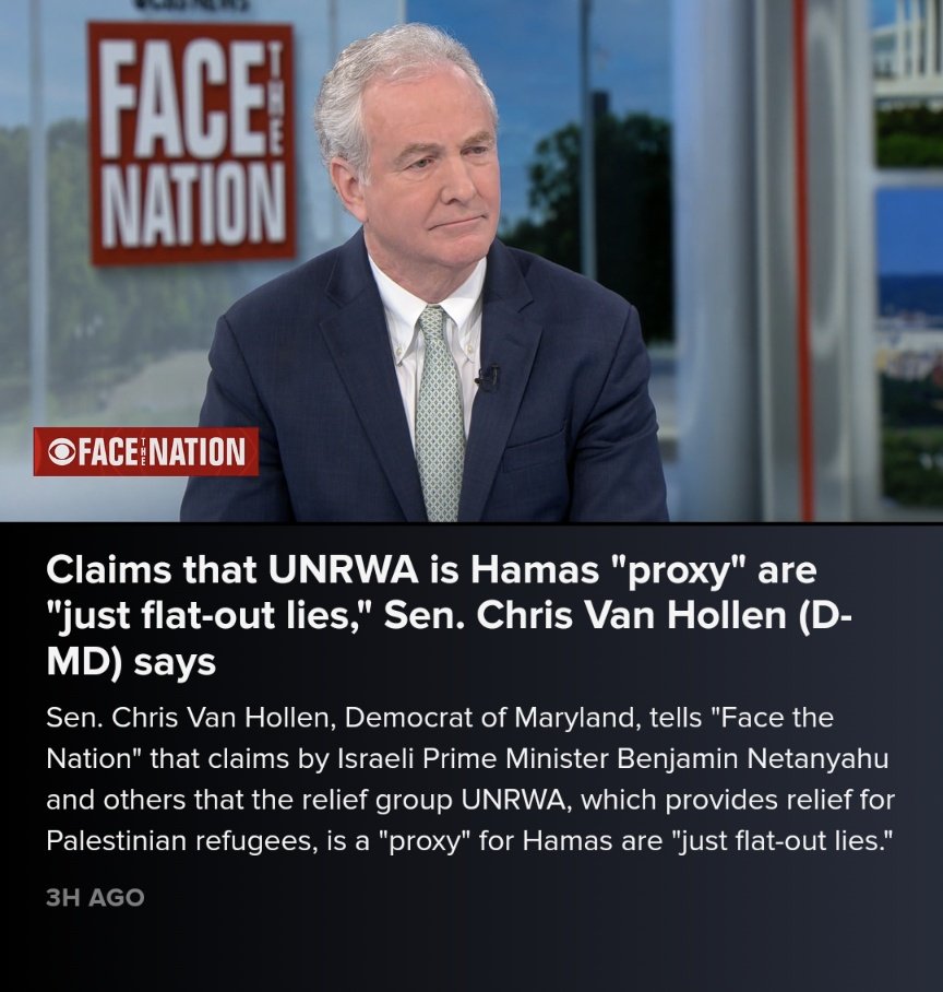 maitelsadany's tweet photo. Solid intervention by @ChrisVanHollen today on @FaceTheNation in which he states clearly: "the claims that Prime Minister Netanyahu and others are making that @UNRWA is somehow a "proxy for Hamas" are just flat-out lies" https://t.co/OtYJK5Q5Uu https://t.co/kUGdoZ8xHe