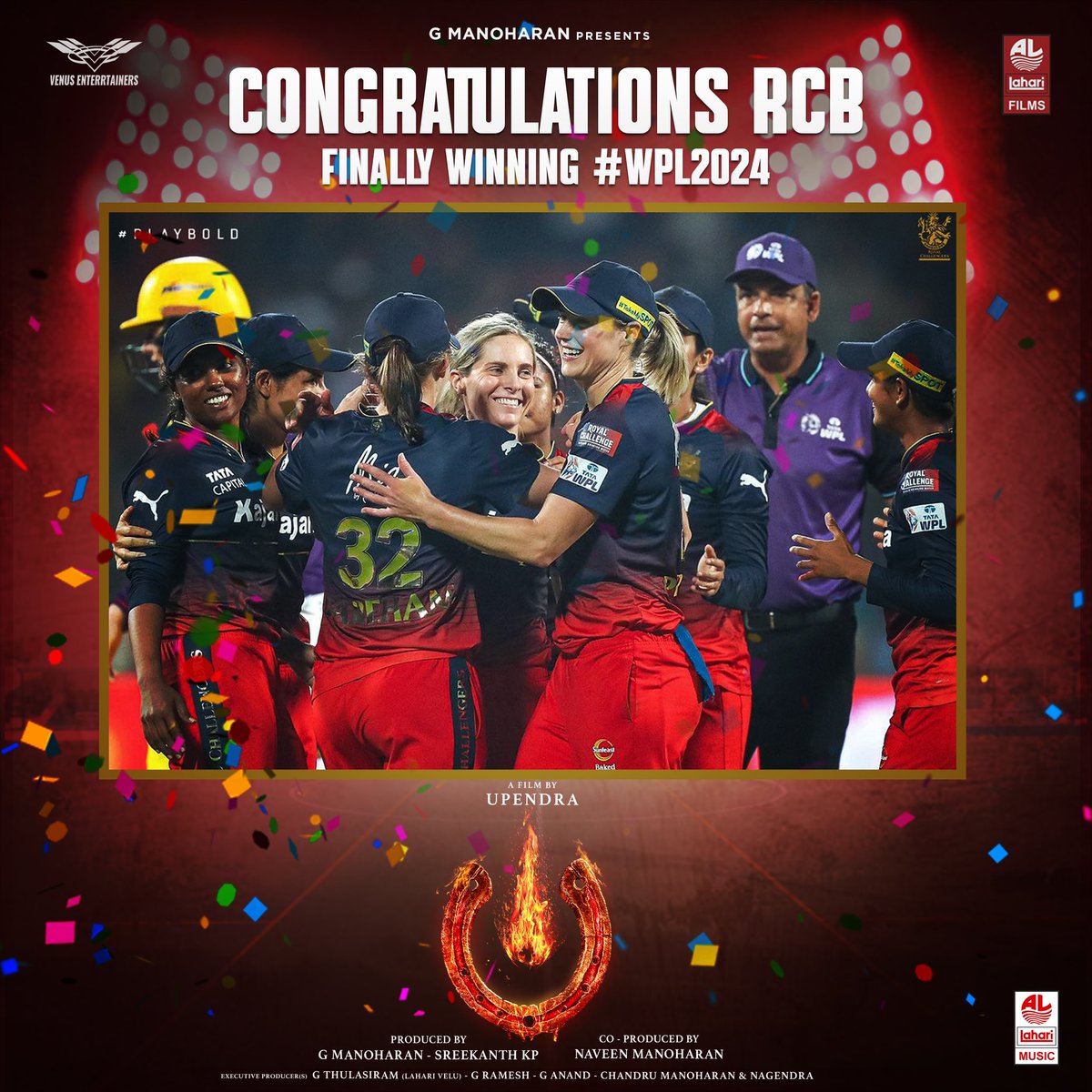 Hats off to @RCBTweets for scripting an epic victory in the final showdown! The trophy is finally home where it belongs! #EeSalaCupNamde 🏆🔥 #WPL2024 #RCB #UITheMovie #UppiDirects @nimmaupendra #GManoharan @Laharifilm @enterrtainers @kp_sreekanth #NaveenManoharan @AJANEESHB…