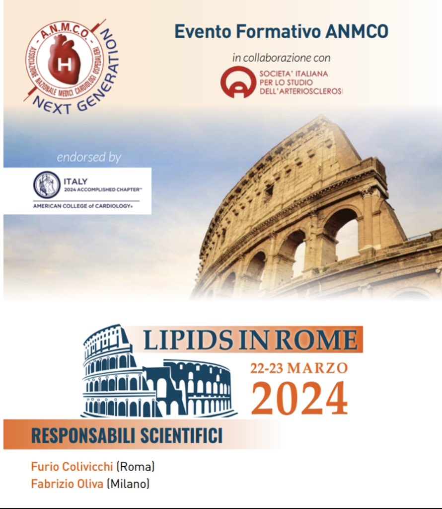 🗓️ #LipidsinRome by @anmco is less than a week away 
22&amp;23 March 
An opportunity to be updated on the #management of🫀 risk associated with lipids
Scientific directors
Furio Colivicchi, past President 
Fabrizio Oliva, President 
👉a report of 2023 edition cardiologianegliospedali.it/lipids-in-rome/