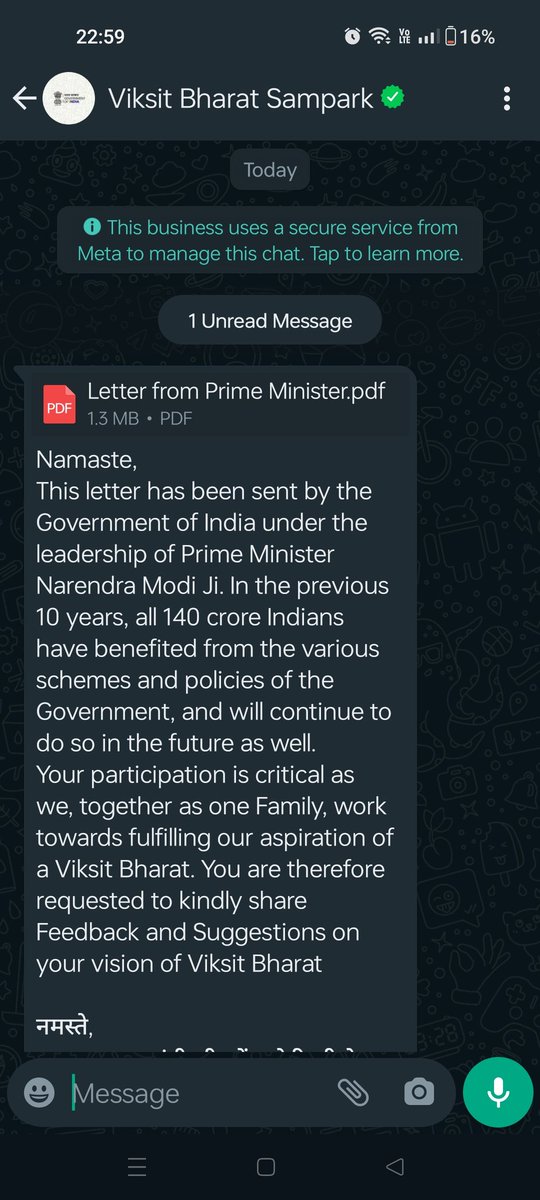 vaibhav4aap's tweet photo. Just now received message from a number with name "Viksit Bharat Sampark" having letter of PM praising his work 
@ECISVEEP Kindly accept this as an official complaint from my side regarding misusing the government resources post Model code of conduct.
Kindly RT this message https://t.co/BQ4UenILBa