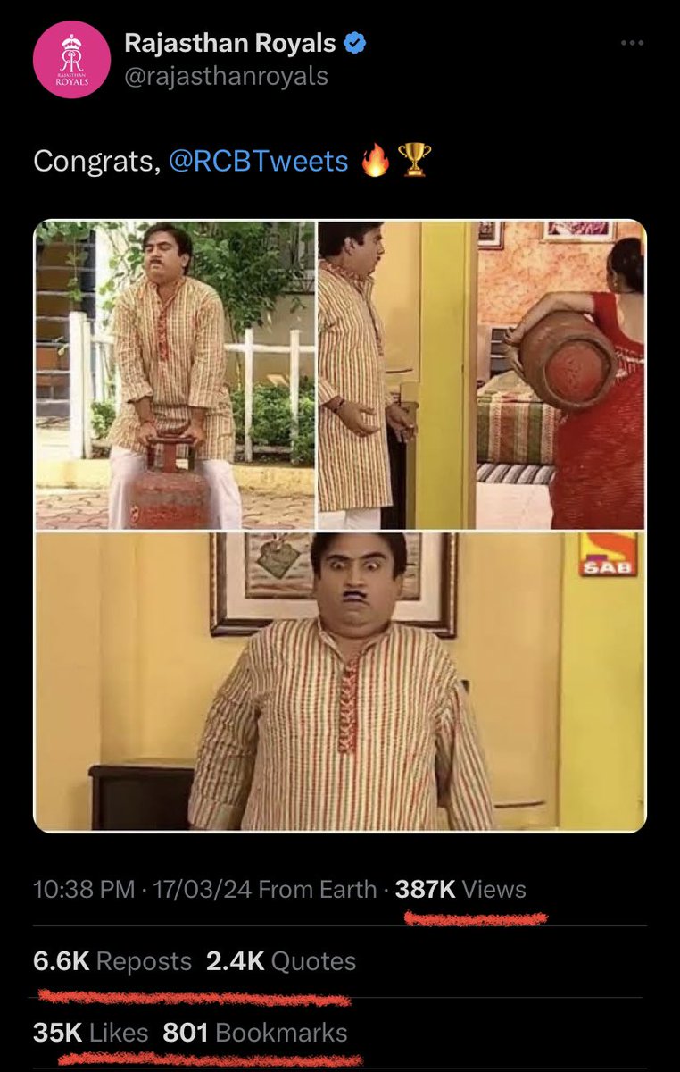 RR's congratulation post for rcb has more quotes and reach than rcb's own  winning post 😭😭😭😭😭😭😭😭😭😭 Dawg we are huge Jai Rajasthan ☝🏼  #WPLFinal, image size:762x1200