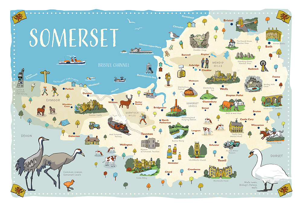 Latest illustrated map by me of my home county Somerset - showing some of the attractions of this lovely part of England including Wells, Dunster Castle, Exmoor, Cheddar (cheese and gorge), Bath Roman Baths and Bristol's suspension bridge,
#somerset #map #illustration #travel