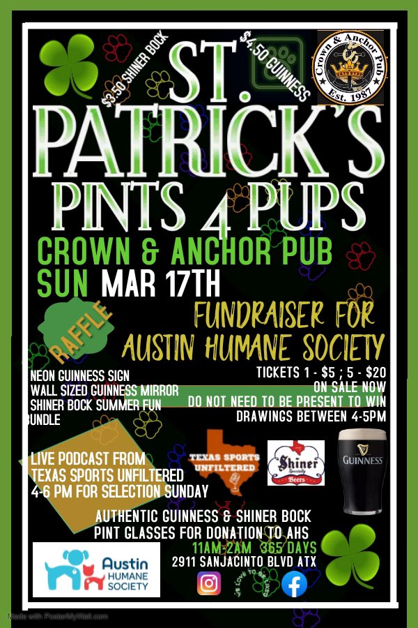 We will be LIVE at Crown & Anchor Pub TODAY from 4-6 for a special Selection Sunday/St. Patrick’s Day broadcast! Join Zay, KD & BK as they talk Texas Basketball, March Madness and MORE! Proceeds from the event will benefit @austinhumane! 🤘🍀