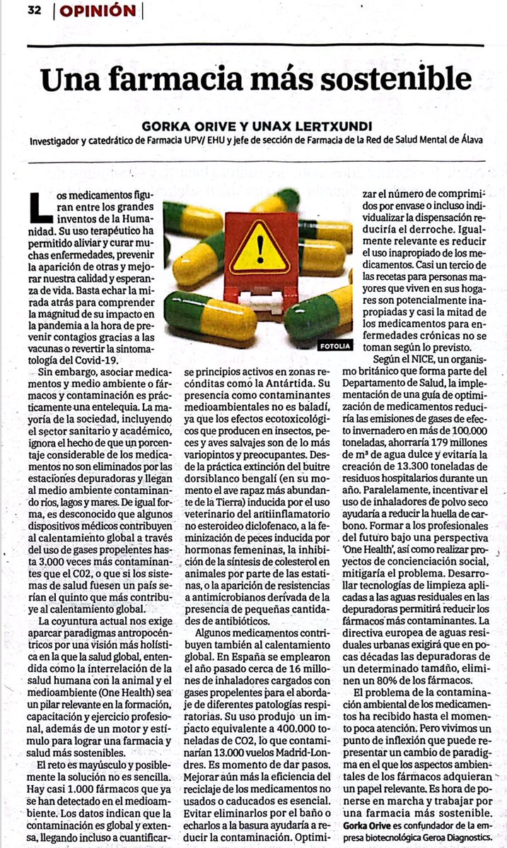 He escrito junto a <a href="/ulertxundi/">Unax Lertxundi</a> un artículo de opinión sobre la necesidad de impulsar una Farmacia más Sostenible. La contaminación ambiental de los fármacos merece atención.
elcorreo.com/opinion/tribun…