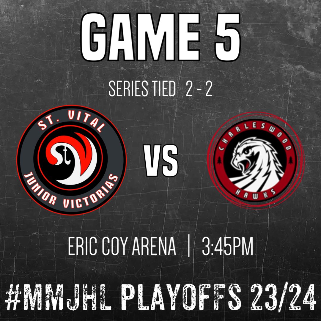 stvitaljrvics's tweet photo. 🚨GAMEDAY🚨
Be there, be loud.
Important one tonight in Charleswood as we head into GAME 5!
🆚 - Hawks
⏱️ - 3:45pm
📍 - Eric Coy Arena
#govics #playoffs #showtime https://t.co/cu7df90GTS
