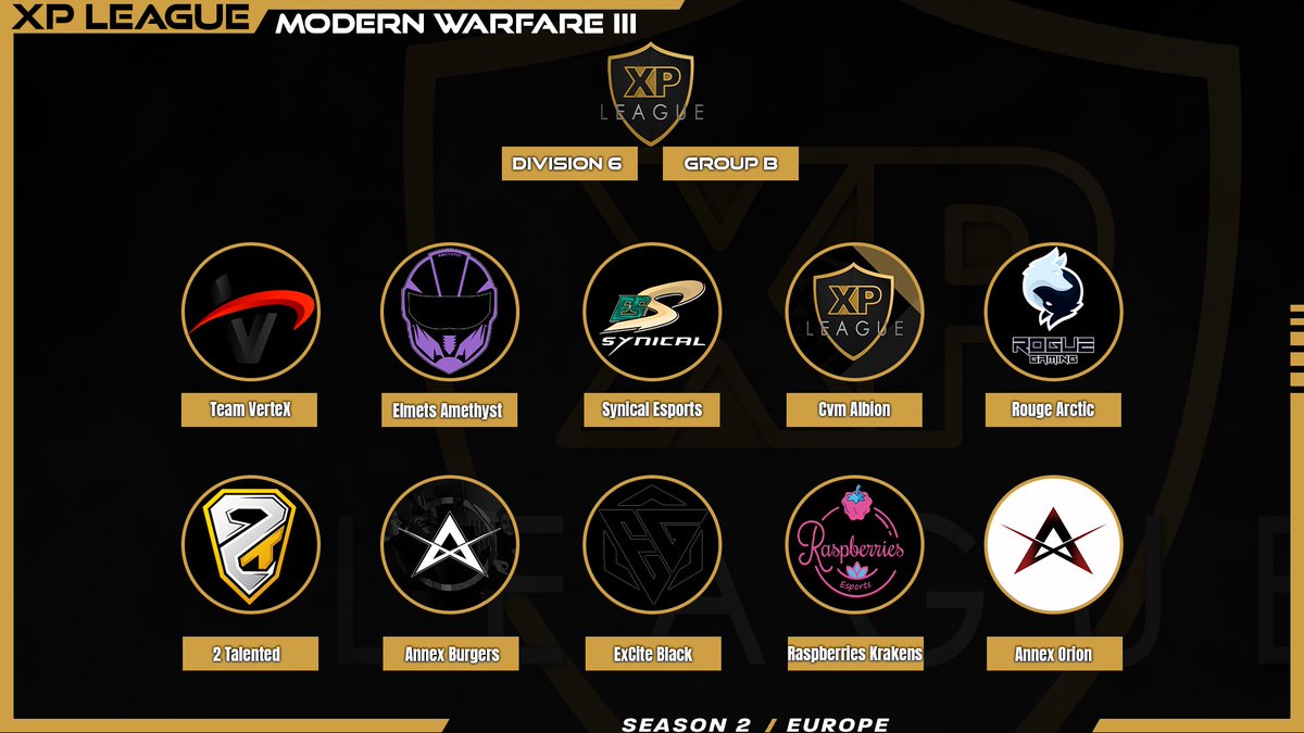 <a href="/22EsportsUK/">22 Esports</a> <a href="/K2eSportsCOD/">K2 eSports</a> <a href="/ESSynical/">Synical</a> @ElmetsOnTour <a href="/GrimsbyGamblers/">Grimsby Gamblers</a> <a href="/AnnexEsport/">𝐀𝐧𝐧𝐞𝐱 𝐄𝐬𝐩𝐨𝐫𝐭𝐬 🏴</a> <a href="/Sznesportscod/">SzNEsports</a> <a href="/TeamZero2One/">Zero2One</a> <a href="/AmsterdamRoyals/">Amsterdam Royals</a> <a href="/OlympianEsport1/">Olympian Esports</a> <a href="/PrimCorp_/">PRIM X</a> <a href="/SummirGaming/">SummirGaming</a> Division 6