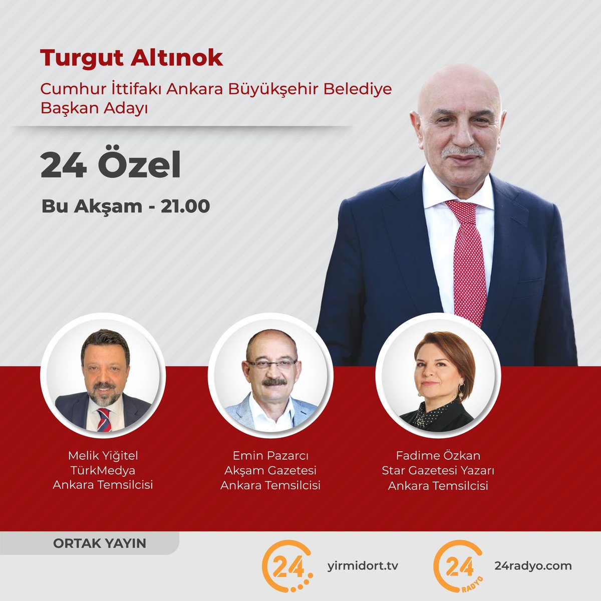 Bu akşam Saat 21:00’de 24 TV’de Cumhur ittifakının Ankara Büyükşehir Belediye Başkan adayı Turgut Altınok’la seçim sürecini konuşacağız. Bekliyoruz. @turgutaltinok06 @eminpazarci @fadimeozkan #TurgutAltınok