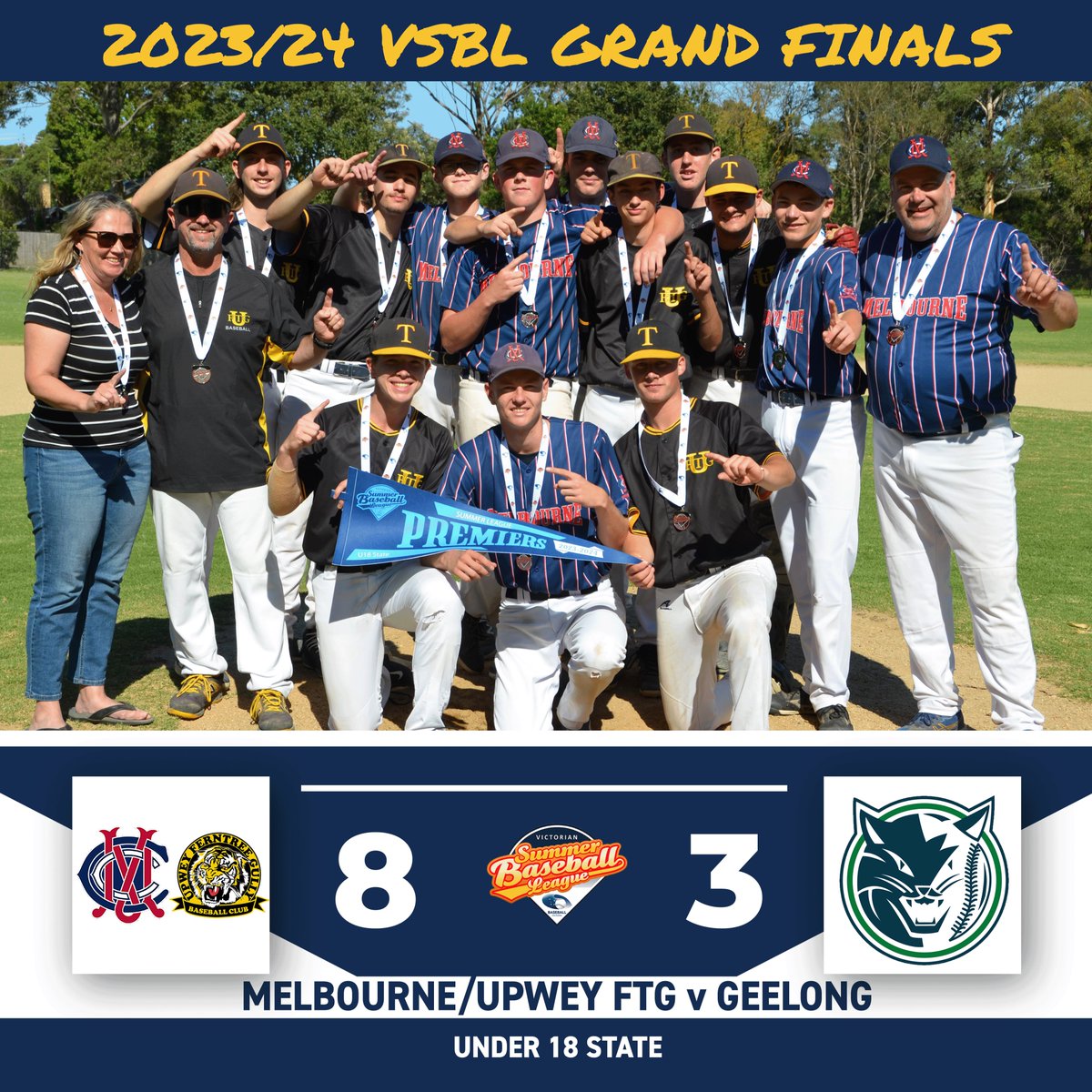 BaseballVic's tweet photo. Melbourne/Upwey Ferntree Gully are the Under 18 State Premiers! 🏅🏅

@Upwey_Tigers

#VSBL⚾️
#summerleague⚾️ 
#summerbaseball⚾️ https://t.co/MMdVjKmfMh