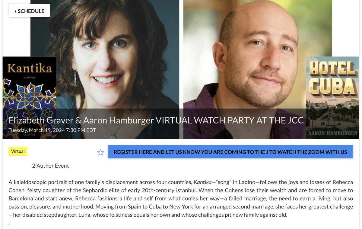 Excited to be with my book buddy Elizabeth Graver as we talk about her novel Kantika and my novel Hotel Cuba online/live via Mandel JCC in Cleveland. …velandjewishbookfestival.eventive.org/schedule/eliza…