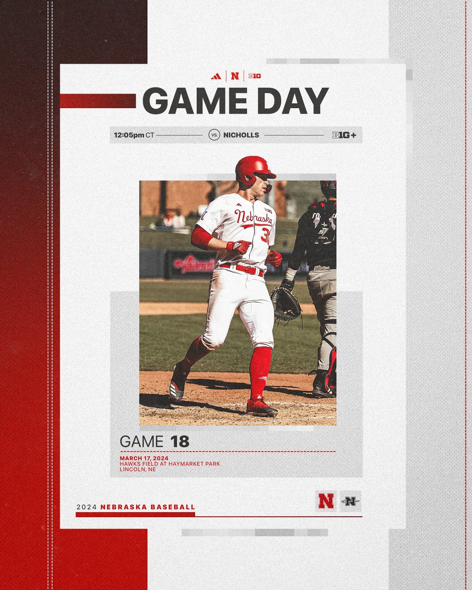 Series finale in Lincoln. 🆚: Nicholls 📍: Hawks Field at Haymarket Park ⌚️: 12:05pm CT 💻: B1G+ 📻: @HuskersRadio