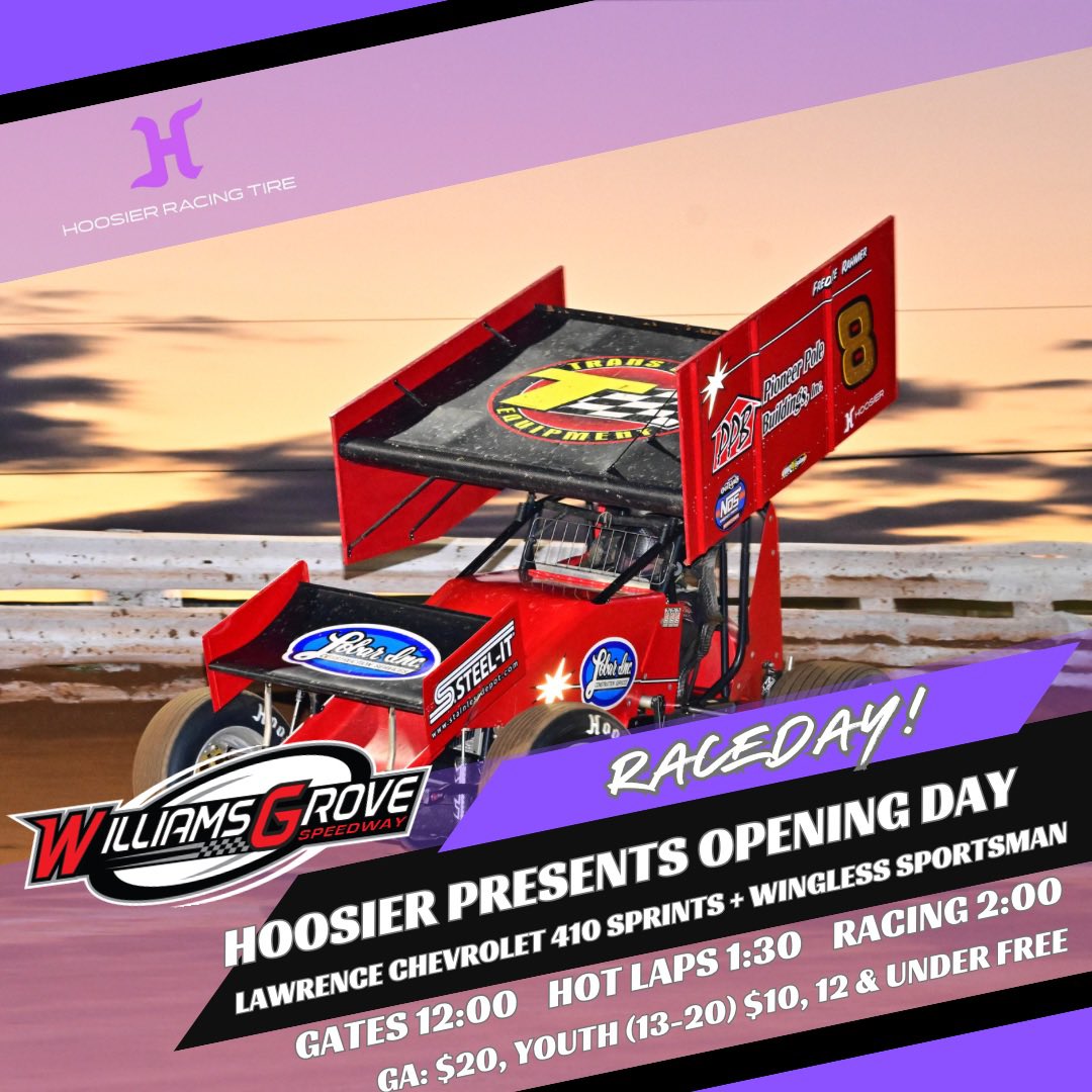 Williams Grove Speedway (@williamsgrove) on Twitter photo For the first time in 2024โฆ๐๐ฉโ๐จ ๐๐ผ๐พ๐๐ฟ๐ผ๐
Hoosier Racing Tire presents Opening Day featuring the Lawrence Chevrolet 410 Sprint Cars and Wingless Super Sportsman.
โพ๏ธGates: 12:00
โพ๏ธHot Laps: 1:30
โพ๏ธRacing: 2:00
๐๏ธ GA: $20, Youth (13-20) $10, 12 & Under FREE. Pits $30. For the first time in 2024โฆ๐๐ฉโ๐จ ๐๐ผ๐พ๐๐ฟ๐ผ๐
Hoosier Racing Tire presents Opening Day featuring the Lawrence Chevrolet 410 Sprint Cars and Wingless Super Sportsman.
โพ๏ธGates: 12:00
โพ๏ธHot Laps: 1:30
โพ๏ธRacing: 2:00
๐๏ธ GA: $20, Youth (13-20) $10, 12 & Under FREE. Pits $30.