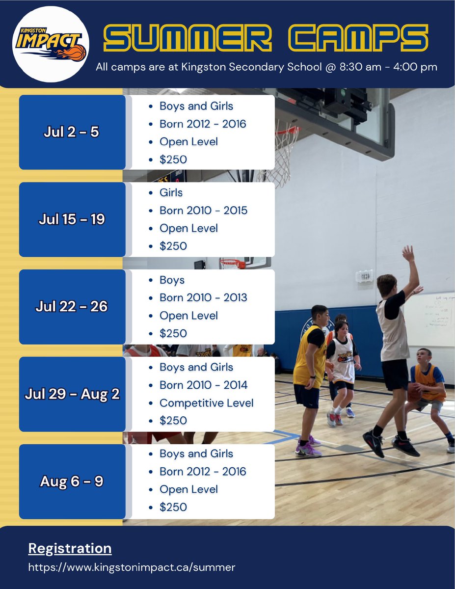 kingstonimpact's tweet photo. Looking for some opportuntities to keep your children active this summer? Please consider 1 of our 5 weeks of summer camps.

We even have a girls only week this year!
https://t.co/054HsB1Bcg https://t.co/DydptuwYeU