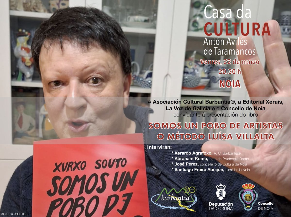 O venres, 22M, ás 20.30 h na Casa de Cultura Antón Avilés de Taramancos de Noia, Xurxo Souto presentará o seu libro: "Somos un pobo de artistas. O método Luísa Villalta". Agardámoste. <a href="/DACCultura/">Cultura Depu. Coruña</a> <a href="/ConcelloNoia/">Concello de Noia</a> <a href="/Xerais/">Xerais</a>