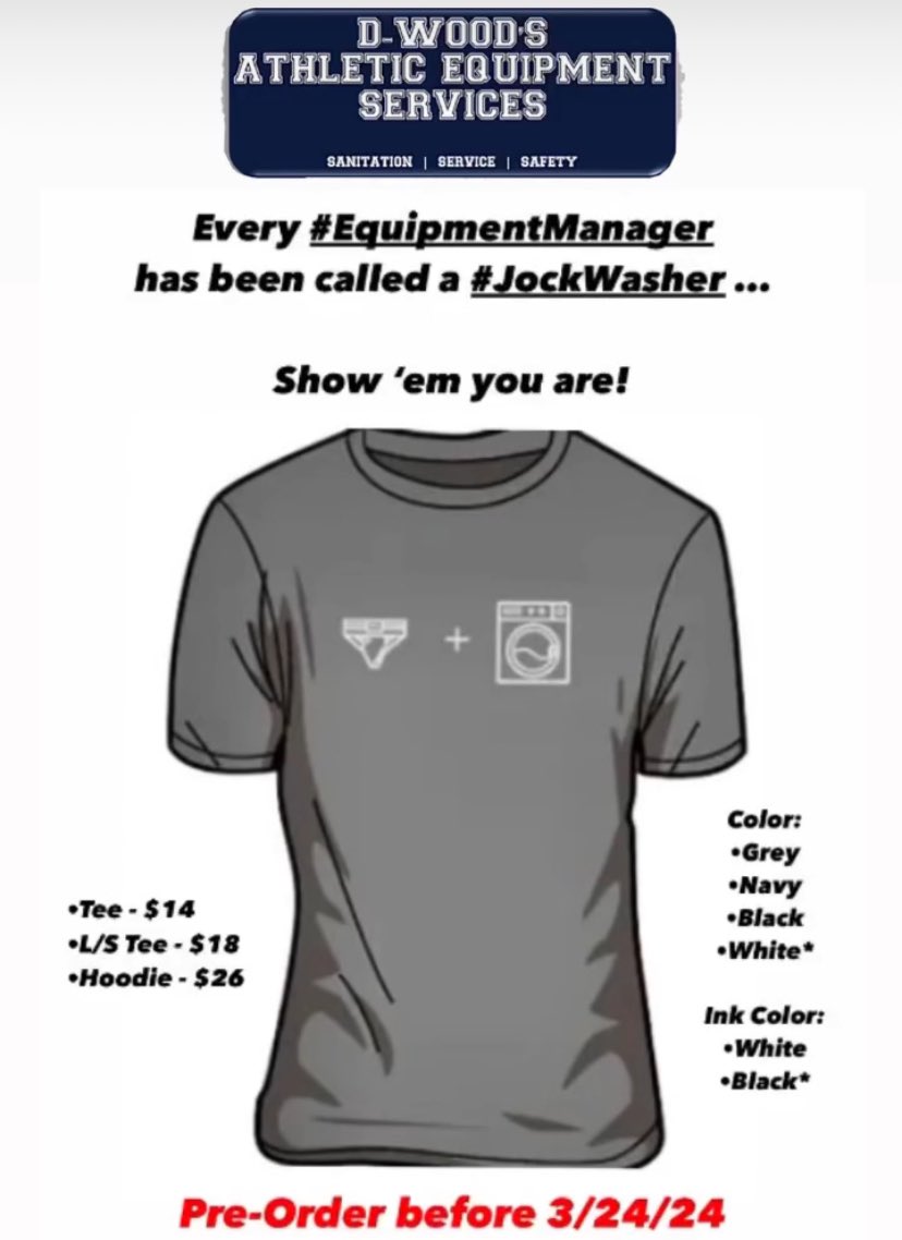 D_WoodEquipment's tweet image. Need some unique merch for your #equipmentmanager #studentmanager #laundryguy #sportmom #sportdad #gaggift 🤣 Dwoodequipment.com/merch-1  IYKYK 🤔 #eqmgrmerch #jockwasher @AEMA_74 @AEMA_District7 @EQVSTHEWORLD @CartelEq @AEMA_District9 @AEMA_District4 @AEMA_District3 @AEMA_District2