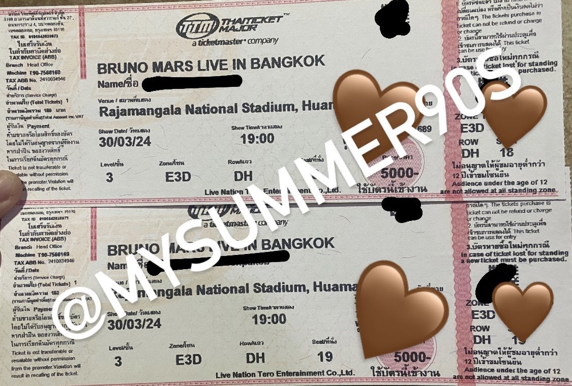 mysummer90s's tweet photo. ปล่อย 2 ใบติดกันค่ะ วันที่ 30/3 ขายราคาเท่าบัตร 5000 นัดรับ พร้อมใบมอบอำนาจค่ะ #BrunoMarsBKK #BrunoMarsliveinbkk https://t.co/hY7fnT9a5w
